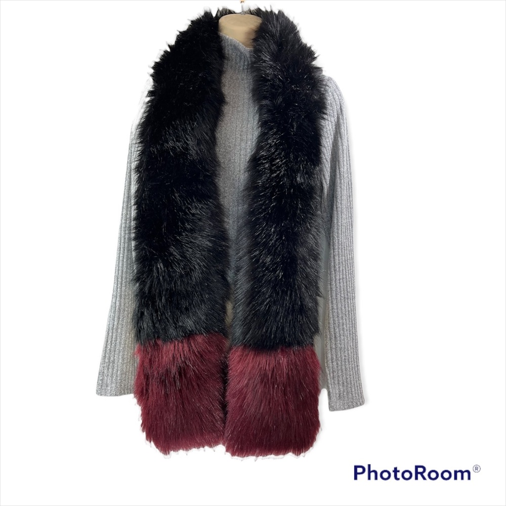 Black Burgundy Faux Fur Long Scarf With Hand Warmer Pockets Women's